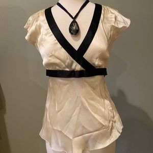 Ivory and black tie silk blouse